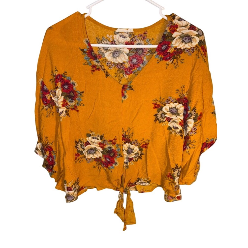 Altard State Mustard Yellow Floral Tie Front Crop Top Boho V-Neck Blouse Small